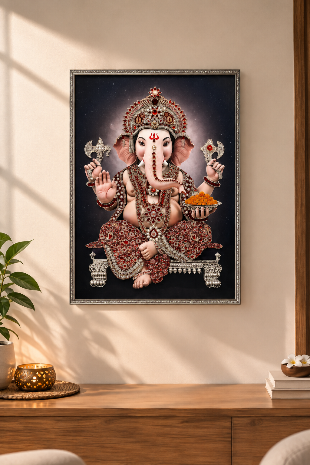 2D Ganpati Ji with Laddu Resin Art Frame with Jewel Embellishments |  Art Local