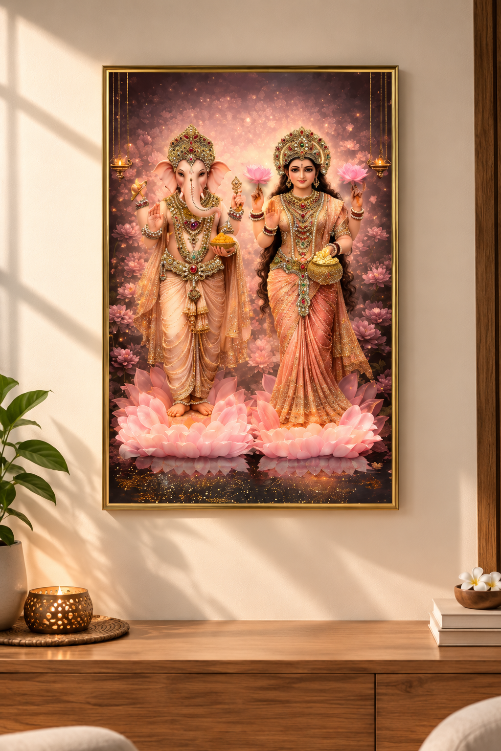 3D Ganesha Lakshmi Pink Resin Art Frame | Premium Handmade Spiritual Wall Decor by Art Local