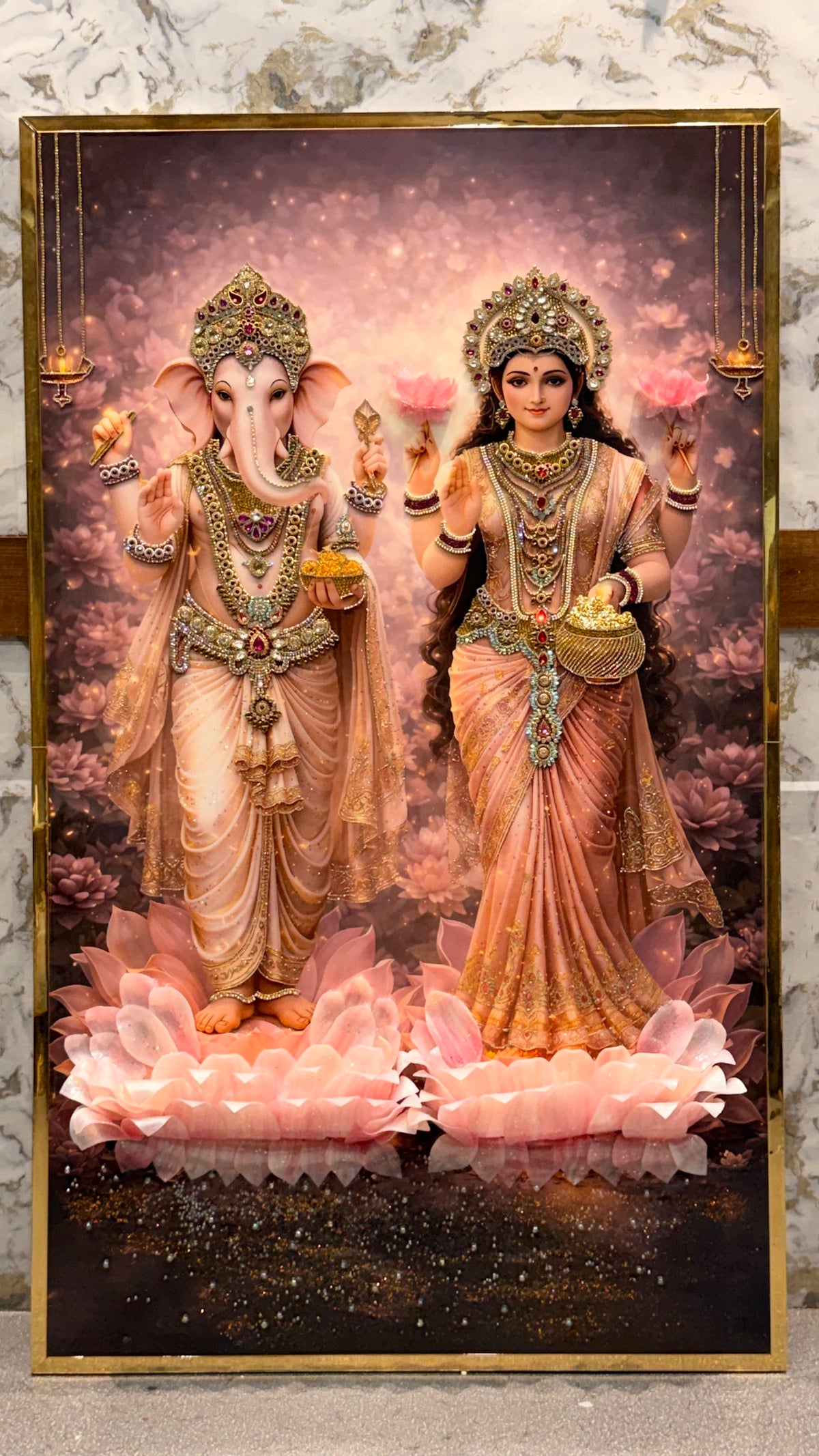 3D Ganesha Lakshmi Pink Resin Art Frame | Premium Handmade Spiritual Wall Decor by Art Local