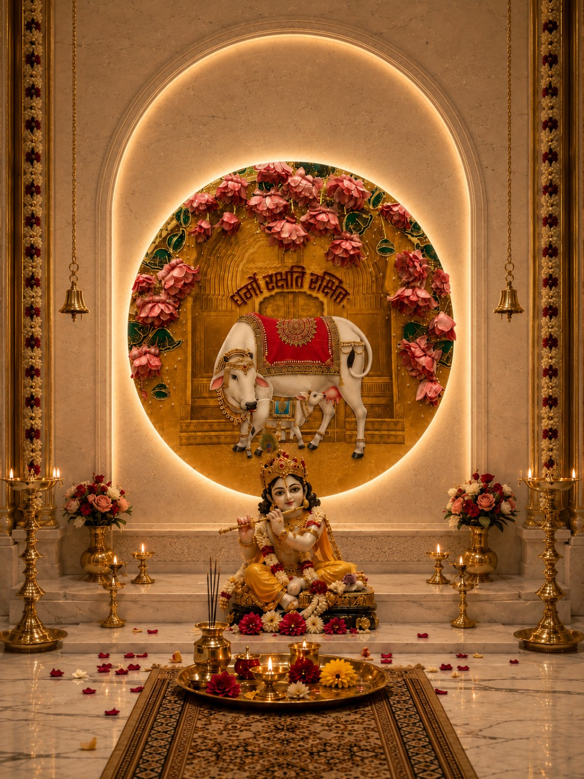 3D Gau Mata Resin Art Round Frame | Divine Cow Wall Decor for Laddu Gopal by Art Local