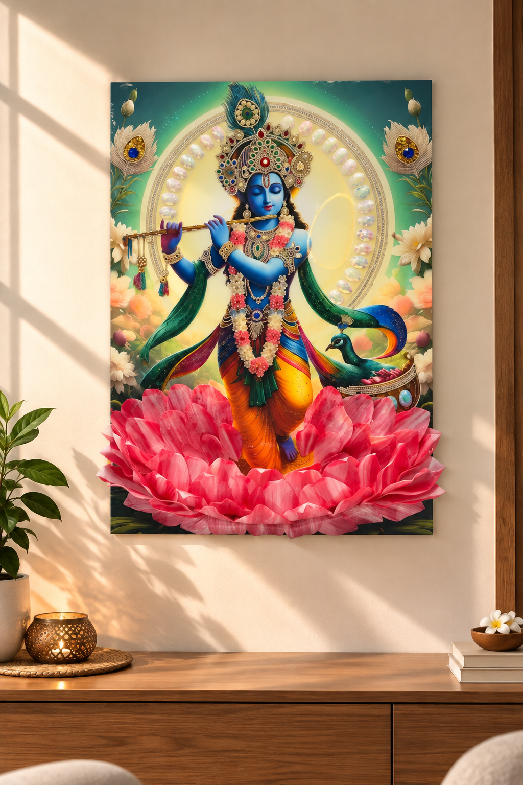 3D Krishna with Peacock Resin Art Frame | Luxury Wall Decor | Art Local