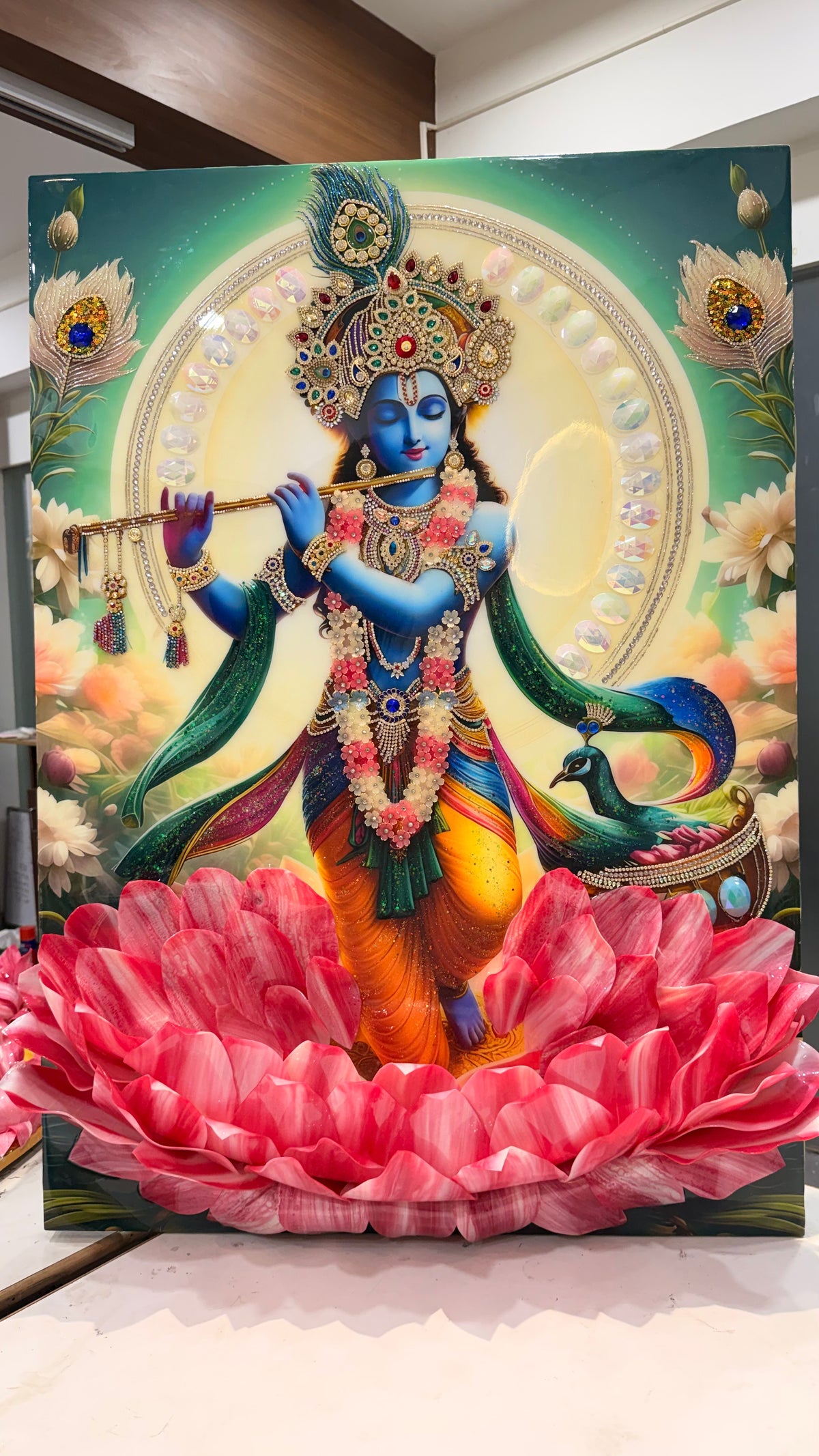 3D Krishna with Peacock Resin Art Frame | Luxury Wall Decor | Art Local