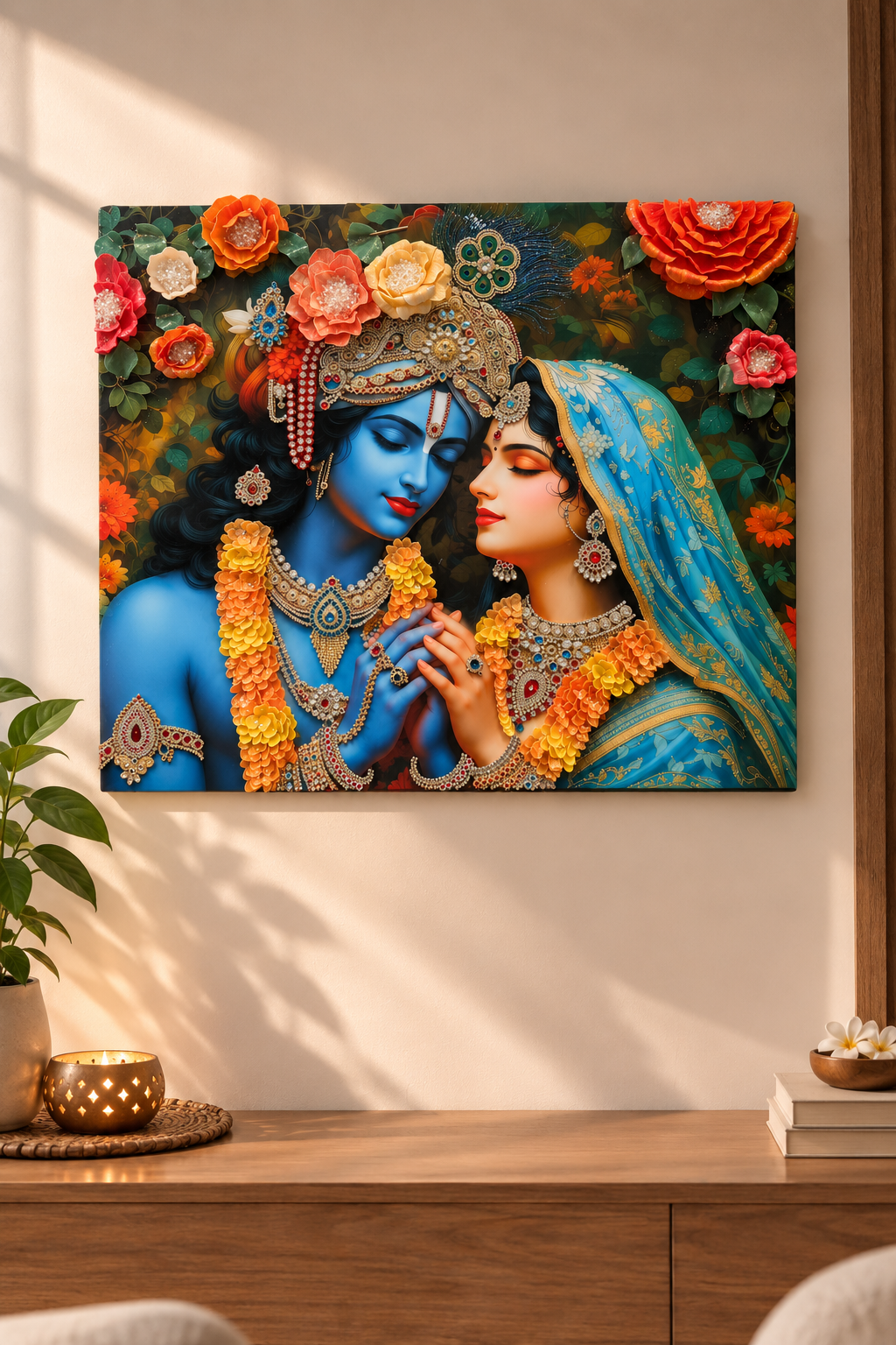 3D Mala Radha Krishna Wall Art | Premium Floral Resin Decor