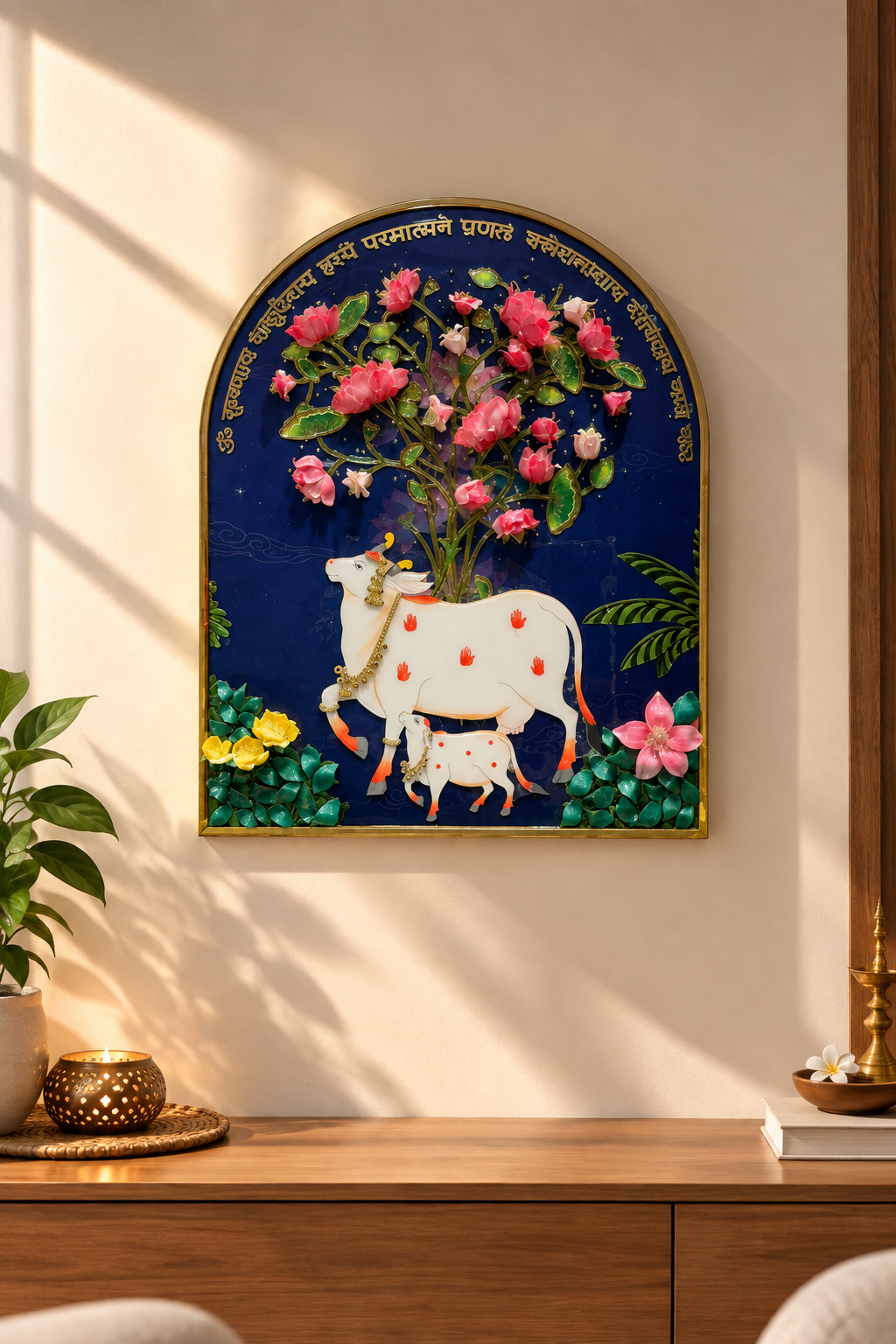 3D Kamdhenu Cow Resin Art Frame | Divine Gau Mata Wall Decor with 3D Flowers