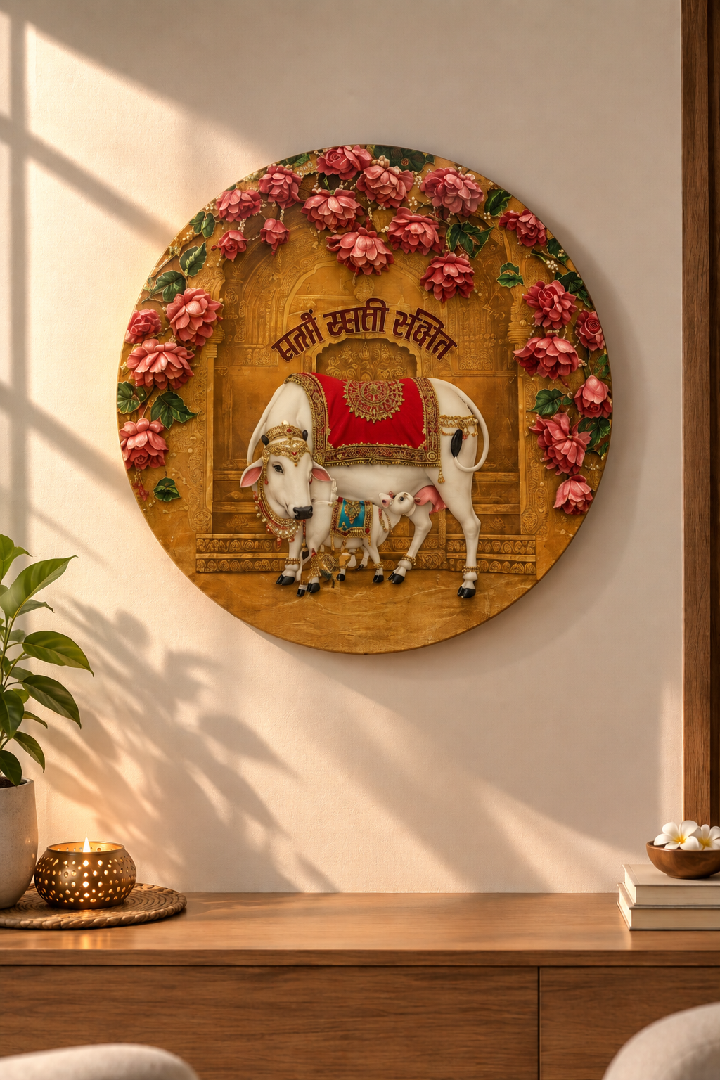 3D Gau Mata Resin Art Round Frame | Divine Cow Wall Decor for Laddu Gopal by Art Local