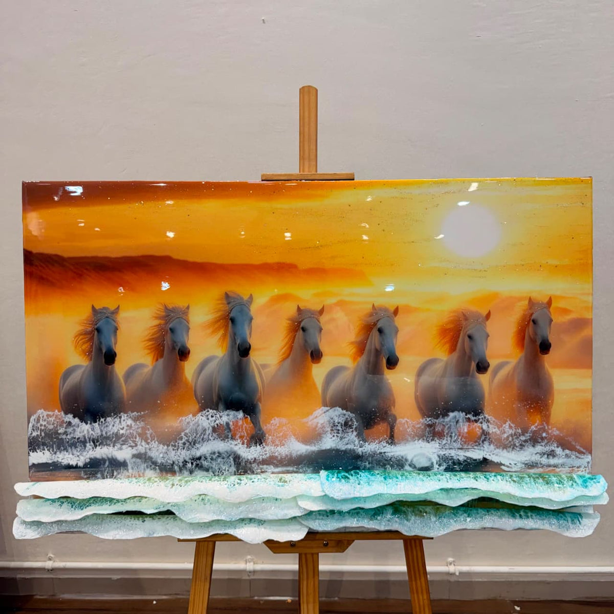 7 Horses Resin Art Frame | 3D Running Horses Wall Decor for Home & Office by Art Local