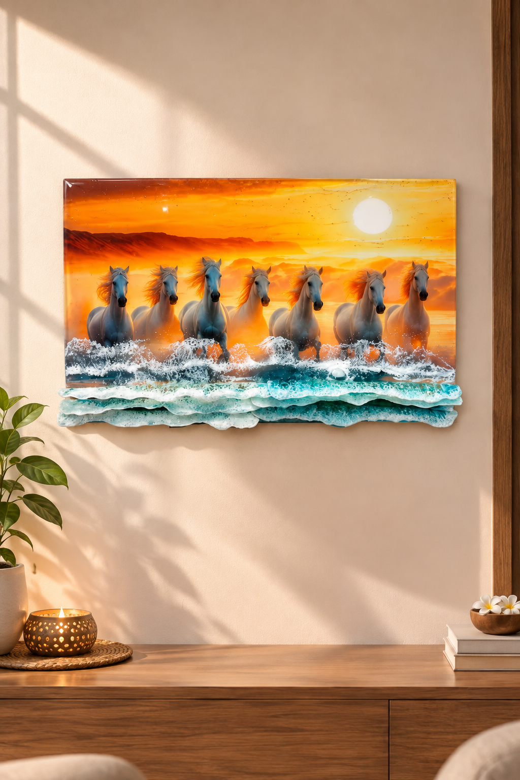7 Horses Resin Art Frame | 3D Running Horses Wall Decor for Home & Office by Art Local