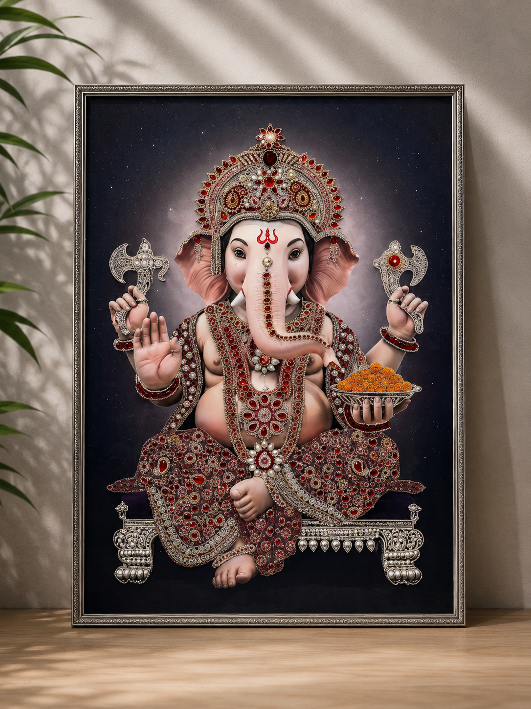 2D Ganpati Ji with Laddu Resin Art Frame with Jewel Embellishments |  Art Local