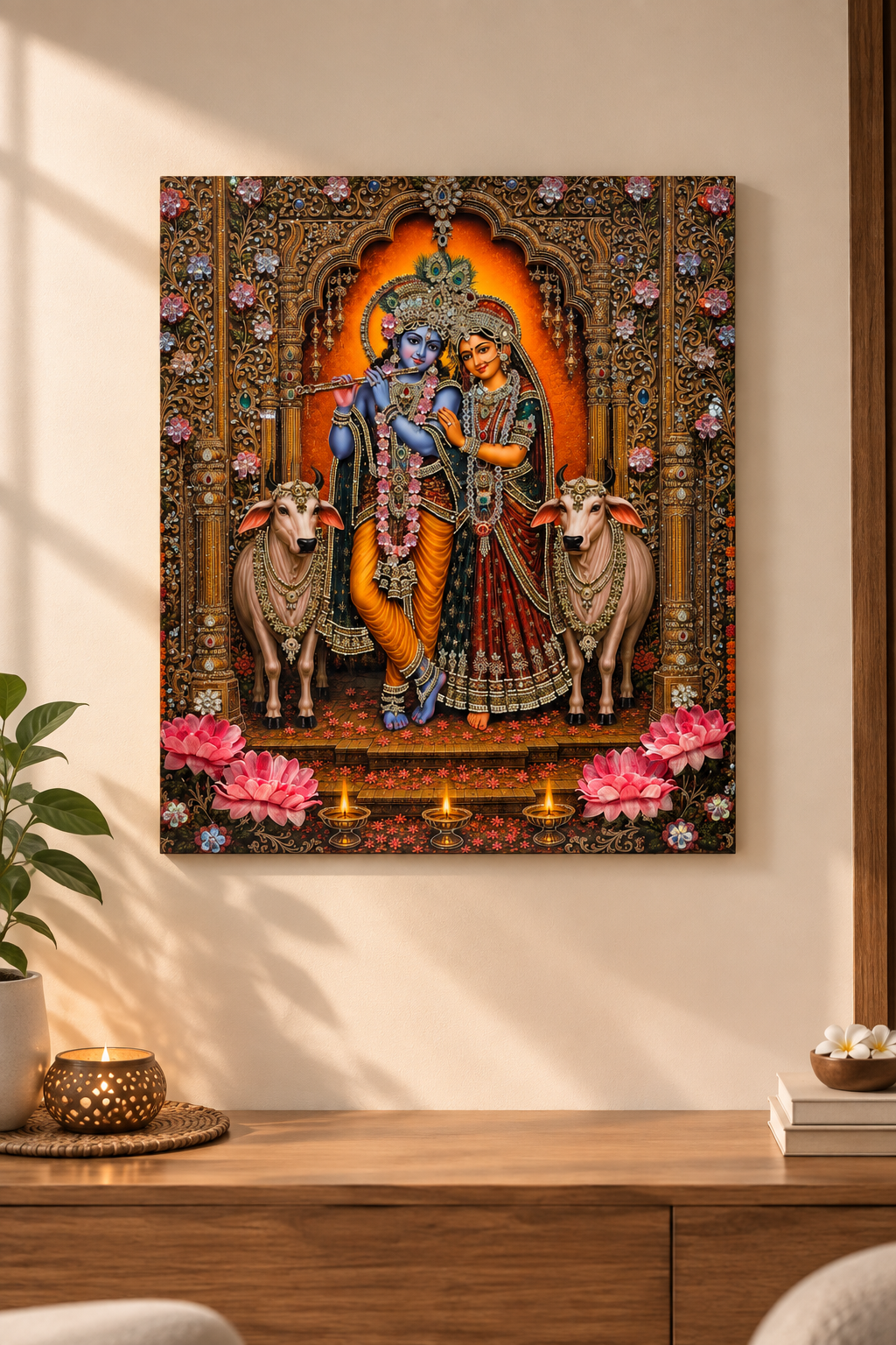 Cow with Radha Krishna Wall Art | Divine 3D Traditional Decor
