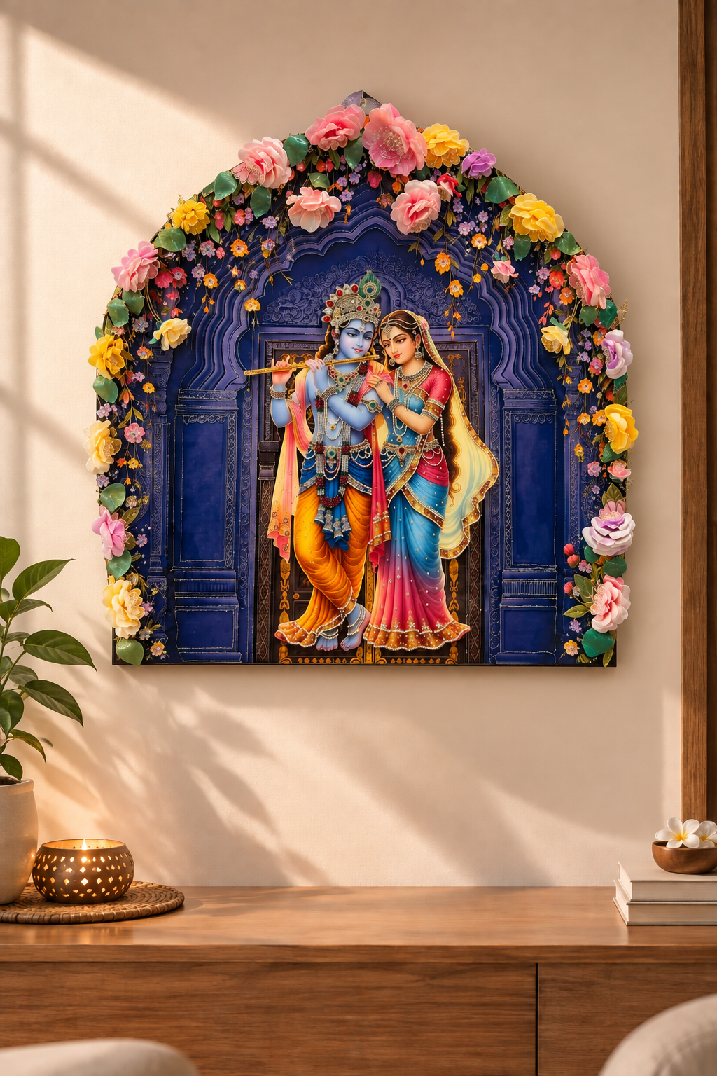 Dome Radha Krishna Wall Art | 3D Floral Resin Decor