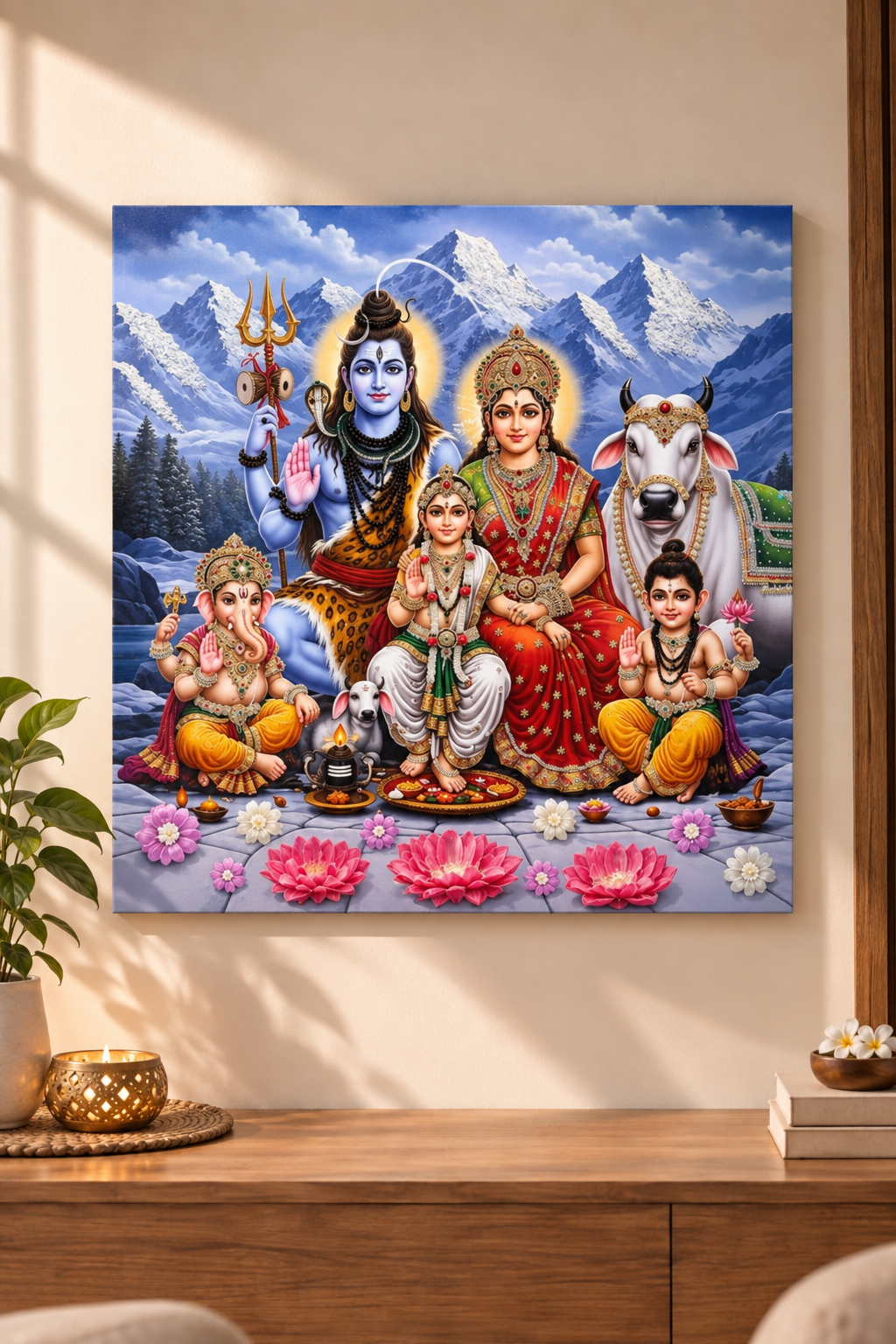 Shiv Parivar Wall Art | Divine 3D Lotus & Traditional Home Decor