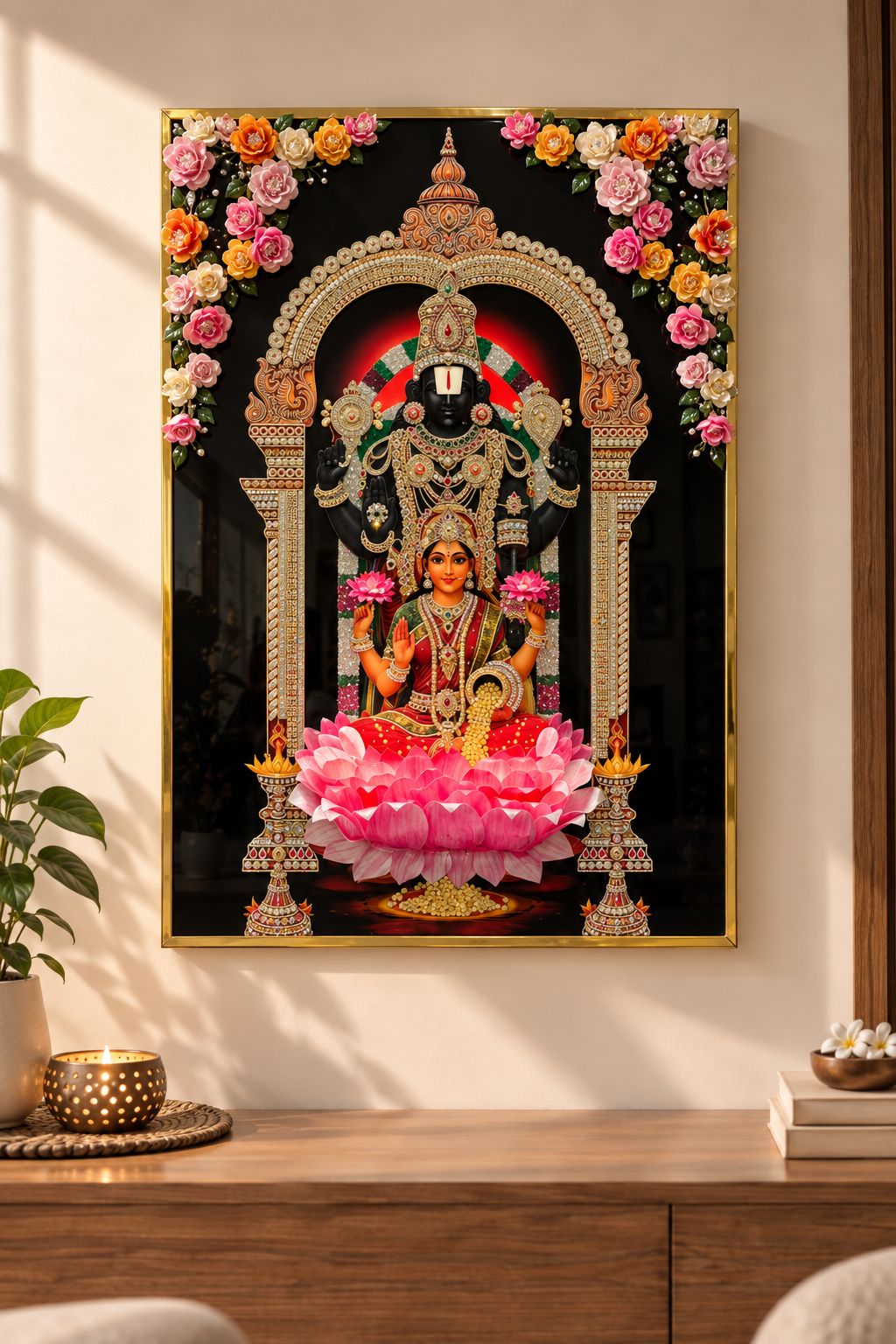 Top Flower Balaji & Lakshmi Wall Art Black Background | 3D Floral Divine Decor