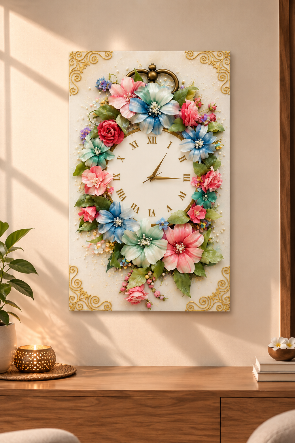 Vintage Floral Resin Wall Clock | 3D Handcrafted Flower Clock for Elegant Home Decor by Art Local